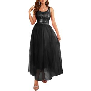 BeryLove Sequin Dress for Woman Vintage A Line Wedding Formal Swing Mesh Dress Sleeveless Cocktail Maxi Gowns. L