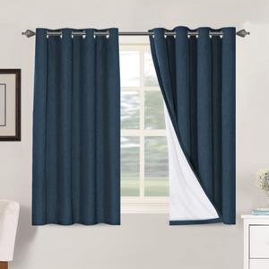 H.VERSAILTEX Linen Blackout Curtains 54 Inches Long 100% Absolutely Blackout Thermal Insulated Textured Linen Look Curtain Draperies Anti-Rust Grommet, Energy Saving with White Liner, 2 Panels, Navy