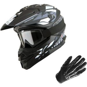 1Storm Motocross Adult Helmet Downhill Mountain Bike Helmet BMX MX ATV Dirt Bike Storm Style HF803; Storm Black + Goggles + Skeleton Black Glove Bundle (Helmet Size:Large)