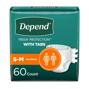 Depend Incontinence Protection with Tabs, Unisex, Small/Medium (19–34" Waist, Up To 170 lbs), Maximum Absorbency, 60 Count (3 Packs of 20)