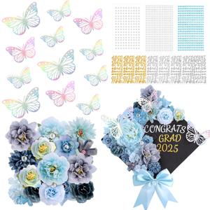 41 Pcs DIY Graduation Cap Decorations Kit with Silk Flowers, 3D Butterfly, Bow, Pearl Positioning Pin, Pearl Rhinestones Sticker, Number and Letter Stickers, Blue Cap Decor for Sublimation Grad Topper