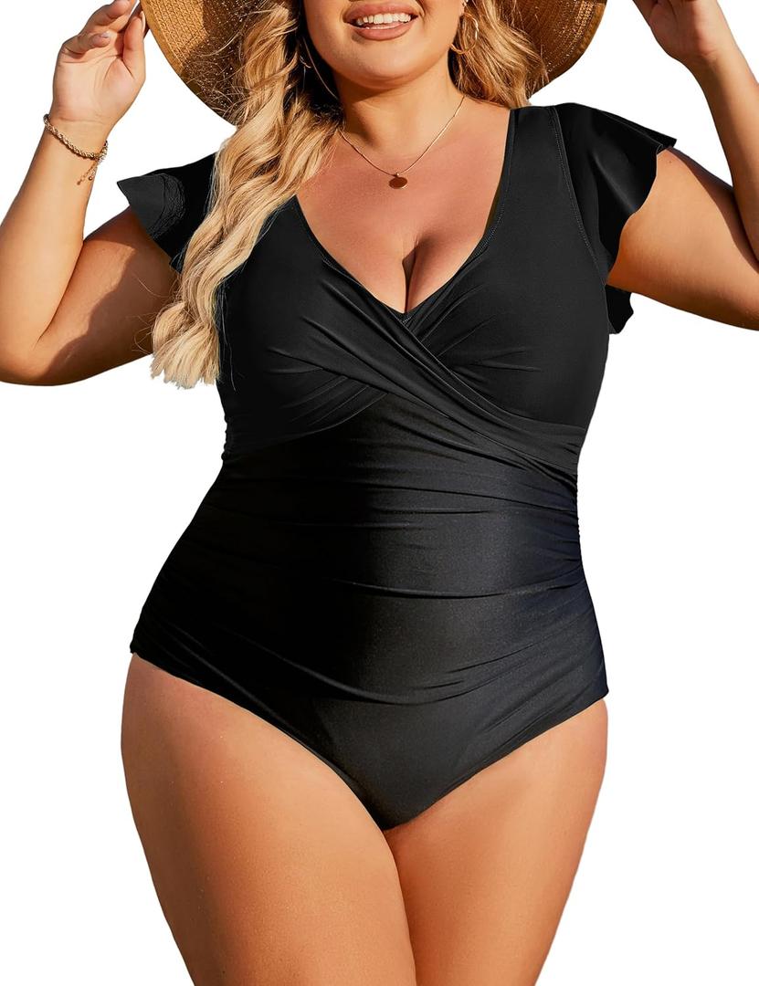 Blooming Jelly Women's Plus Size Swimsuit One Piece Tummy Control Bathing Suit V Neck Ruched Modest Swimwear (Large, Black)
