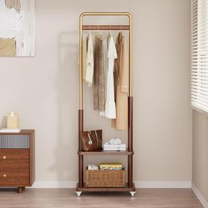 Taitiy Clothes Rack Solid Wood Coat Rack,With Double Shelf Metal & Wood Clothing Rack Freestanding with Wheels for Hanging Clothes Garment, Entryway Bedroom Storage