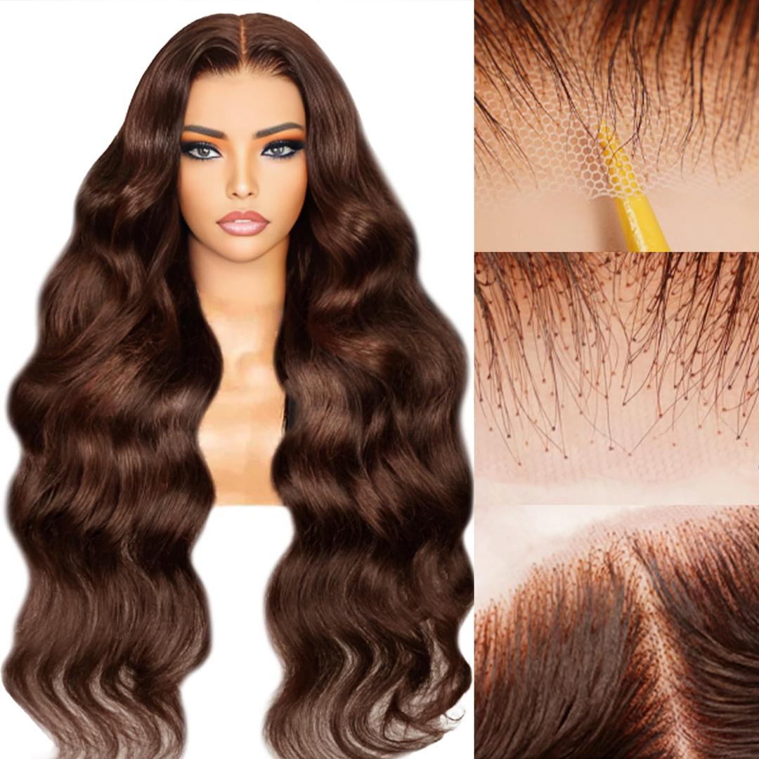 Dark Brown Wear and Go Glueless Human Hair Wig #4 Loose Body Wave Glueless Wig 30 inch Chocolate Brown Body Wave Wigs Human Hair 9x6 Hd Lace Pre Cut Pre Plucked Wigs for Women 220% Density