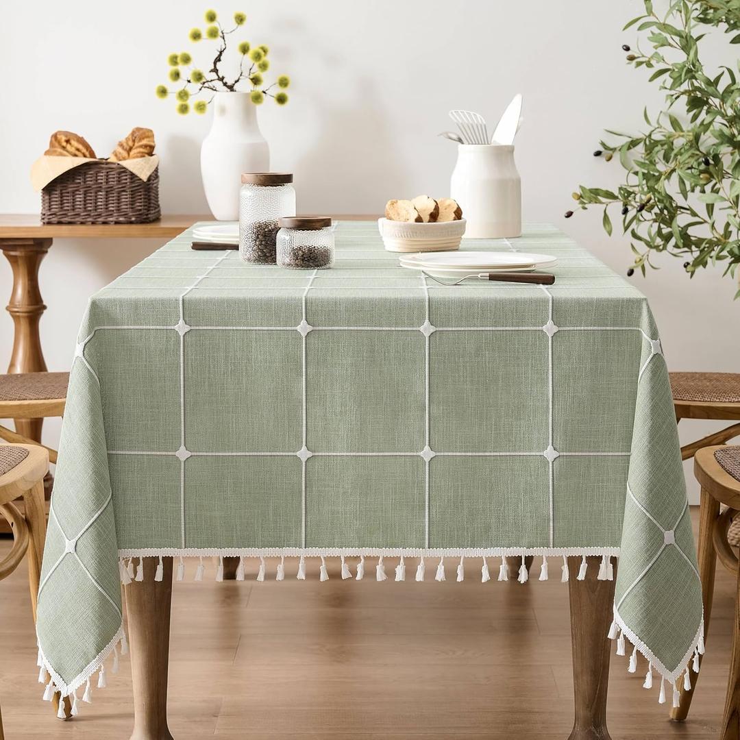 ZeeMart Boho Grid Table Cloth with Tassels (Sage Green, 60" x 84"), Heavy Weight Linen Checked Embroidered Farmhouse Tablecloth, Water Resistant Rectangle Green Tablecloths (84" x 60" (Rectangular), Tassel/Green)