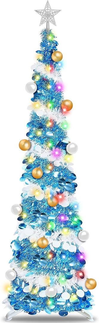 6 Ft Lighted Slim Christmas Tree with Timer Ball Ornament 100 Warm White & Multicolor Changing Lights Battery Powered Big 3D Star,Glitter Tinsel Pop Up Pencil Christmas Tree Decoration Indoor Outdoor