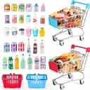 134pcs Mini Shopping Cart Basket Miniature Food Drink Bottle Supermarket Metal Handcart Toys Doll House Store Cosplay Game Dollhouse Grocery Fruit Cake Bread Party Trolley Model Dollar Bills