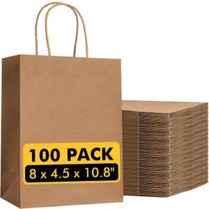 RACETOP Brown Paper Bags with Handles Bulk 100Pcs 8x4.5x10.8 Inch Gift Bags Bulk, Brown Kraft Paper Bags for Retail, Party, Shopping, Favor