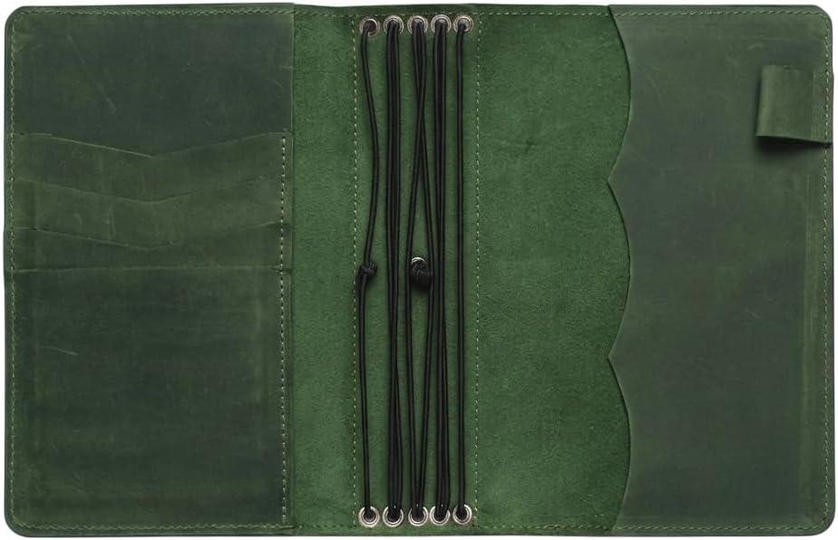 Travelers Leather Notebook Cover A6 Refillable Leather Journal Cover with 5 Elastic Bands, Pen Holder & Pockets, Fits 4.1" x 5.8" Notebooks (Inserts Not Included), Green