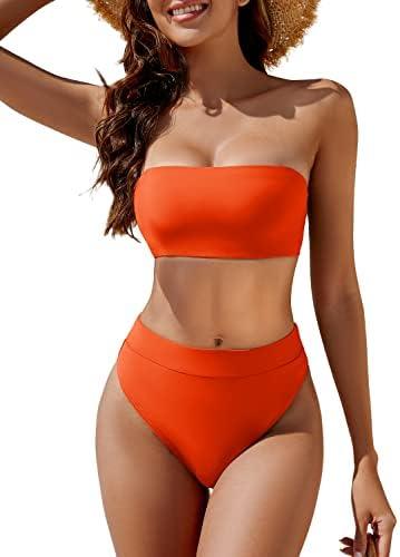 YACUN Women's High Waisted Bikini Swimsuit Two Piece Strapless Bandeau Cheeky Bathing Suits, L