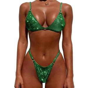 YAUASOPA Women Shiny Bikini Micro Sexy String Two Pieces Swimsuit Female Thong Swimwear (Medium, Green)
