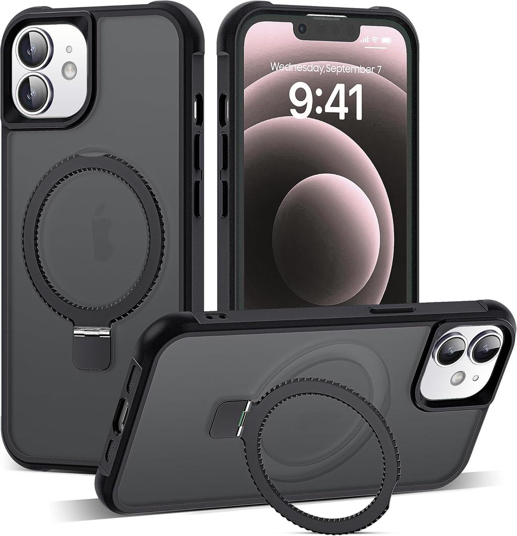 Compatible with iPhone 12 Case & iPhone 12 Pro Case 6.1" with Invisible Ring Stand [Compatible with Mag-Safe] Translucent with Magnetic Kickstand, Black