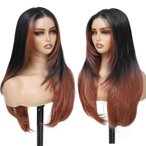 KPROYU Synthetic Lace Front Wig Pre Cut Lace Glueless Wig Wear And Go 13X4X1 Inch HD Lace Layered Wig Pre Plucked Glueless Synthetic Wigs For Women Auburn Brown Black Root2/30 26 Inch