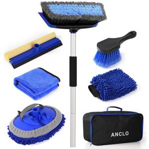 62'' Car Wash Brush with Long Handle, Scratch-Free Car Wash Mop Kit with Wheel Tire Brush, Wash Mitt Towel, Windshield Squeegee, Car Cleaning Brush Kit for Cars RV Truck Boat
