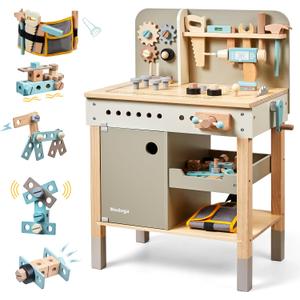 Kids Tool Bench,Wooden Play Tools Set with Kids Tool Belt Toddlers Workbench Pretend Construction Tools Set Wooden Toy Drill Gift for Boys & Girls Age 3-5, 30 cm x 48 cm x 71 cm