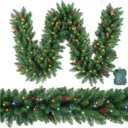 Christmas Garland 9ft with 70 Muticolor and Warm Led, 330 Tips Prelit Fraser Fir Xmas Garland with 70 LED Lights, Lush and Classics Green Style with Pine Cone for Indoor Outdoor Home Decoration