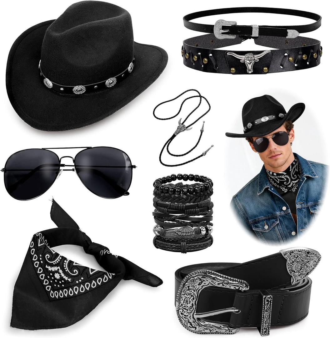 Cowboy Costume Outfit for Men Western Cowboy Hat With Hat Bands Bandana Buckle Belt Cowboy Halloween Accessories Set (Black)