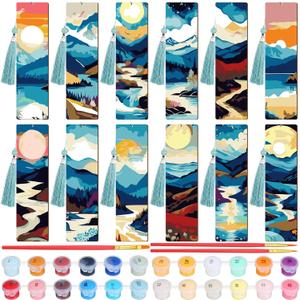 Kosiz 12 Pcs Mountain Paint by Numbers Kit for Adults Wood Bookmark Painting Decor Mini Paint by Numbers Kit Tassels Blank Bookmarks Craft for Small DIY Book Lovers Gift 7x2 ''