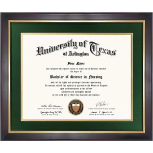 GMFrames 11x14 Wood Diploma Frame with Green Mat or Display 14x17 Certificates without Mat,UV Protection Acrylic,Deep Brown Finish with Gold Trim