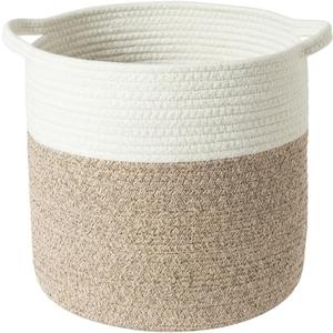 Woven Laundry Basket, 17L Cotton Rope Nursery Hamper for Baby Tall Blanket & Toy Storage Bin for Living Room Bedroom Bathroom, Collapsible, White, 11" Dia 11"H