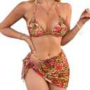 SOLY HUX Women's 3 Piece Swimsuits Print Halter Triangle Tie Side Bikini Bathing Suit with Cover Up Beach Skirt Medium