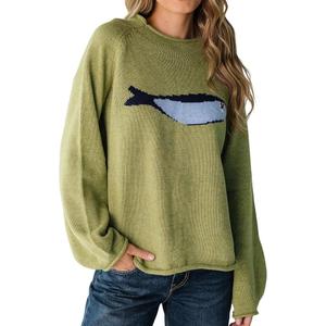 Women's Oversized Roll Neck Cute Animal Graphic Sweater Long Sleeve Chunky Knit Pullover Tops Casual Patterned Knitwear, L