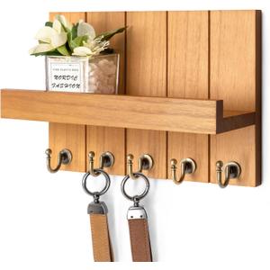 Rebee Vision Farmhouse Key Holder for Wall - Decorative Wall Shelf with Key Hooks & Mail Organizer Wall Mount for Apartment Essentials - Rustic Living Room Decor (Light Brown, 3.54"D x 10"W x 7.28"H)