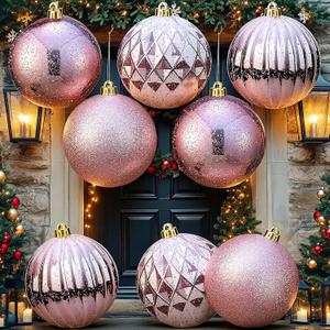 Jenaai 12 Pcs Rose Gold Extra Large Christmas Ball Ornaments Set, 4 Inch Giant Oversized Hanging Ornaments Glitter Assorted Shatterproof Xmas Tree Balls for Indoor Outdoor Holiday Party Home Decor