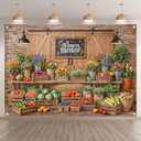 7x5ft Fabric Farmers Market Backdrop Fresh Vegetables Flowers Wooden Barn Spring Photography Background Baby Shower Birthday Party Decorations Photo Banner Props