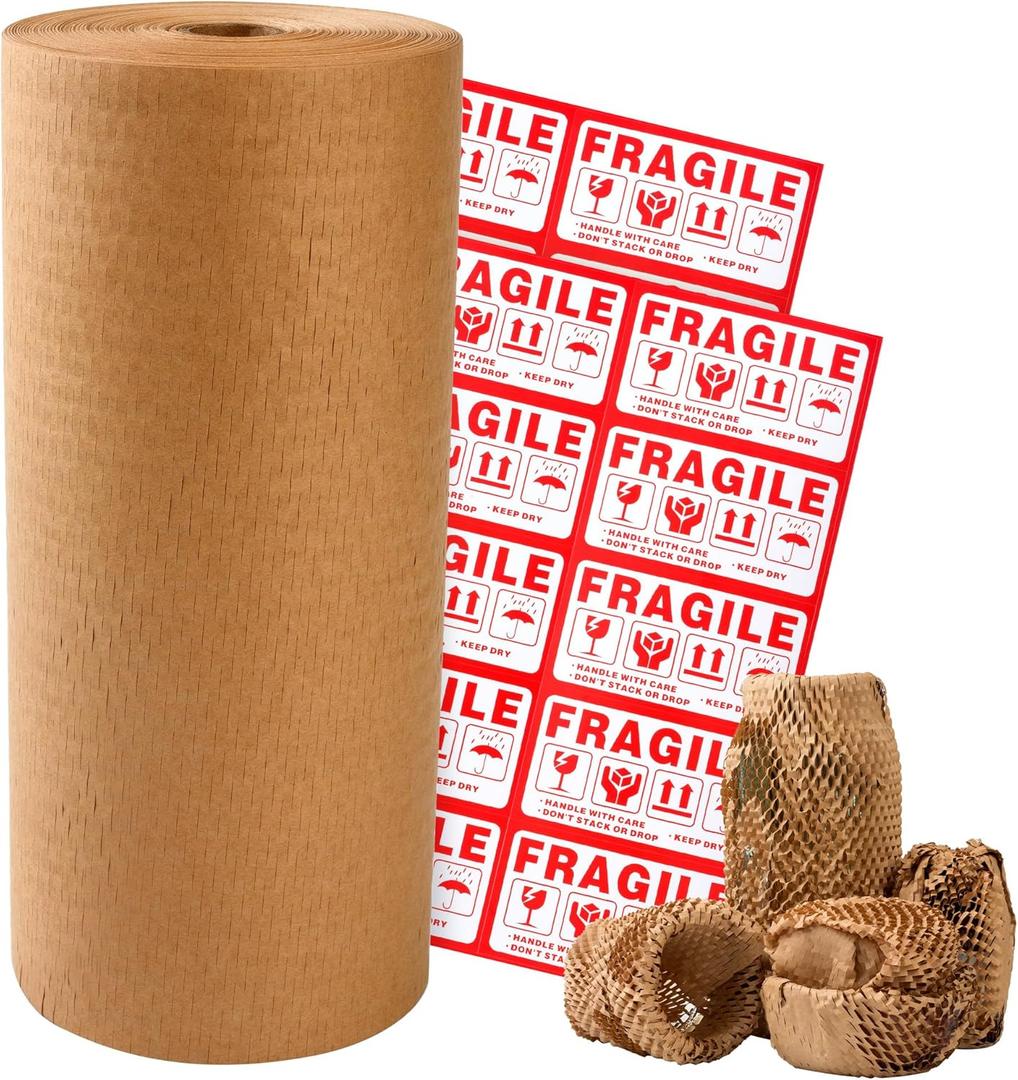 Honeycomb Packing Paper 12" Width X 400 FT for Moving Glass Dishes Recyclable Wrapping Paper Bubble Wrap Packing Material for Shipping Fragile Items Shipping Filler with 20 Fragile Stickers