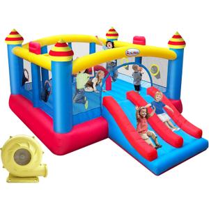 Big Inflatable Bounce House for Party,18.7ft x 13ft,Double Slide,Double Basketball Hoop,Fun Central Obstacle,Throw Ball Game,Reinforced PVC Bounce Floor,Jumping Bouncy Castle Holds 6 Kids, 18.75 feet long 13 feet wide 7.42 feet high