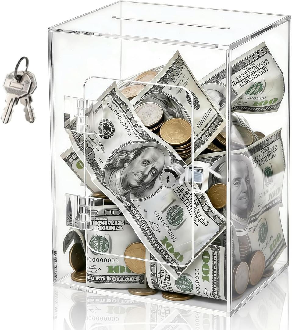 Cididu Clear Piggy Bank with Lock, Acrylic Money Saving Box for Adults Kids, Reusable Coin Cash Storing Container with Key, Openable Unbreakable Money Change Jar Pot for Birthday Gift Home Decoration