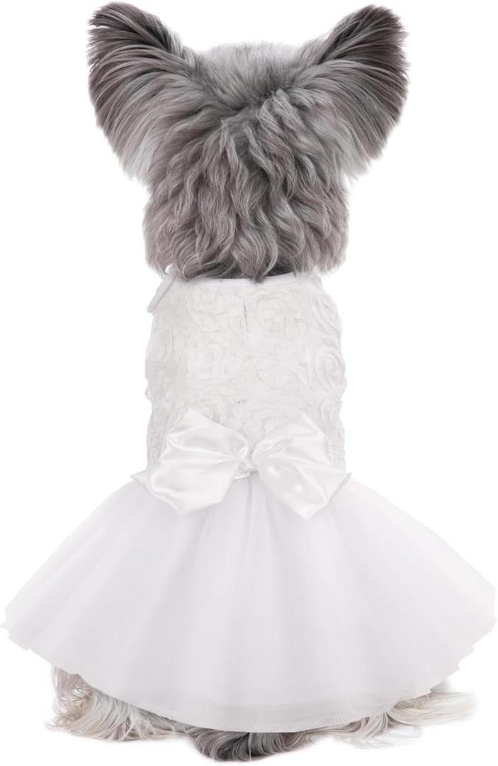 Kuoser Dog Dress Pet Wedding Dresses, Adorable Tutu Shirts for Small Medium Girl Dogs, Puppy White Princess Outfits with Luxury Lace Pearl Bow, Retro Pet Costumes for Birthday, Party, Wedding, S