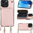Bocasal Crossbody Wallet Case for iPhone 16 Pro Max, RFID Blocking Leather Purse Case with Card Holder, Protective Handbag Flip Cover with Zipper Wrist Strap Lanyard for Women 5G 6.9 Inch (Rose Gold)