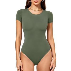 Women's Double-Lined Round Neck Short Sleeve Bodysuit Stretchy T-Shirt Body Suits Basic Tops for 2026 Summer Wear (Green)