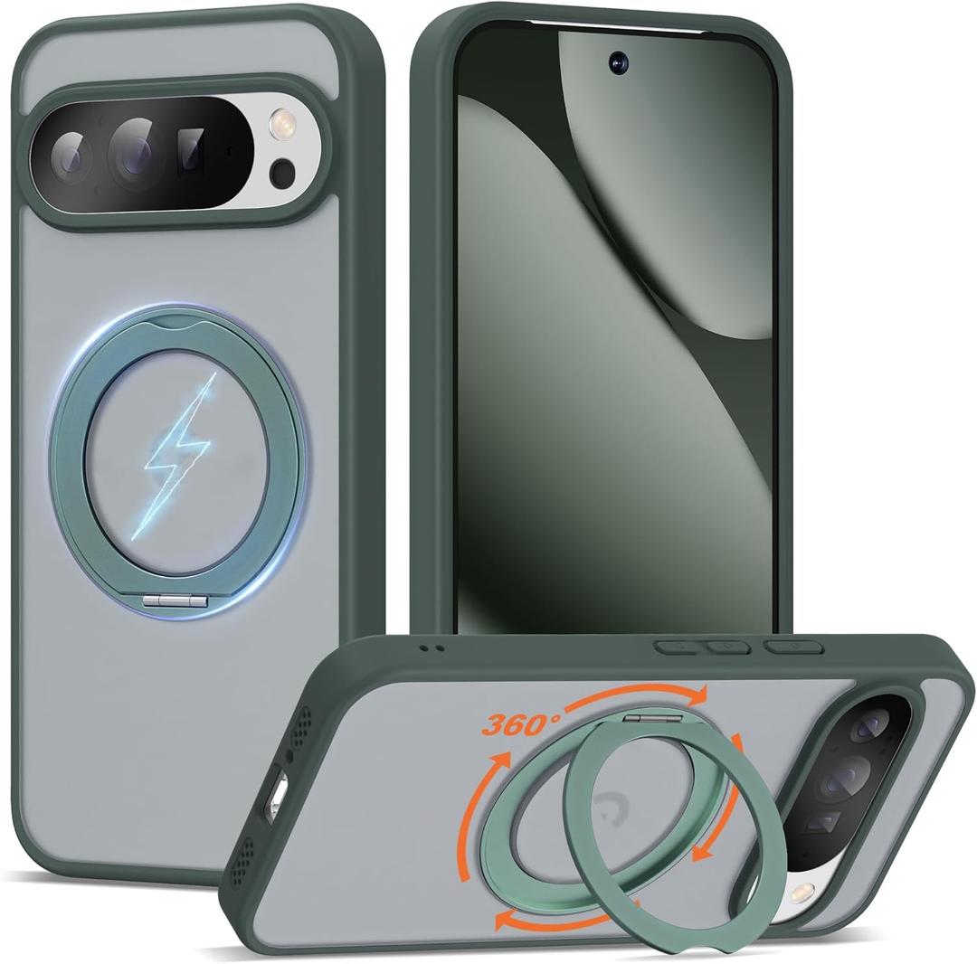 Compatible with Google Pixel 9 Pro XL/Pixel 10 Pro XL Case with 360 Magnetic Ring Stand [Compatible with Mag-Safe] Shockproof Translucent Phone Case 6.8" for Women Men, Green