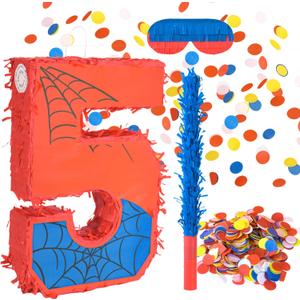Number 5 Birthday Pinata for Kids, Spider Theme Pinata 16 Inch with Stick, Blindfold & Confetti, Superhero Party Decorations for Boys and Girls (5th)