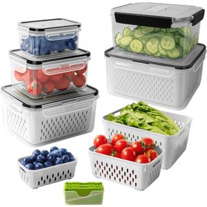 5 PCS Fruit storage Containers for Fridge with Removable Colander and Chopper Set, Leakproof Food Storage Containers with lids, Dishwasher & Microwave Safe Produce Containers to Keep Fruits Fresh