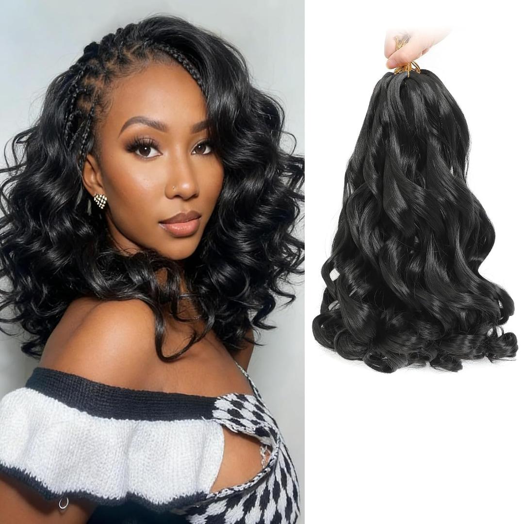 French Curl Braiding Hair 12 Inch Natural Black Curly Braiding Hair 8 Packs Pre Stretched French Curl Braids Loose Wavy Synthetic Hair Extensions for Black Women (12 inch 8 packs)