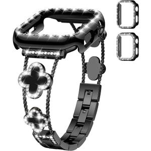 Bling Metal Band and Case for Apple Watch Bands for Women,Clover Diamond Sparkle Bracelet Dressy Strap with Cover for iWatch, Size: 42mm-Series 11 10