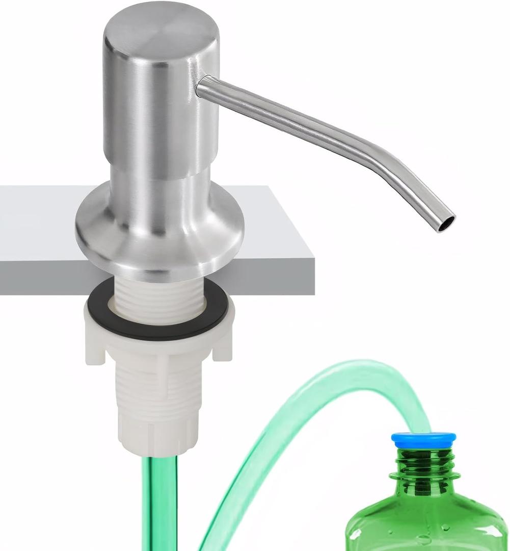 Dish Soap Dispenser for Kitchen Sink, Built in Sink Soap Dispenser Brushed Nickel, Countertop Soap Dispenser Stainless Steel Pump with 47" Extension Tube kit, No Need to Fill Little Bottle Again
