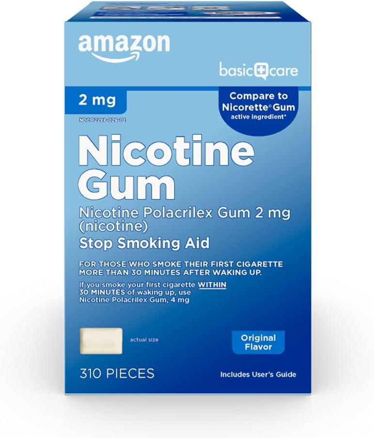 Amazon Basic Care Uncoated Nicotine Polacrilex Gum 2 mg, Original Flavor, Stop Smoking Aid, 310 Count BBD: 03/2027