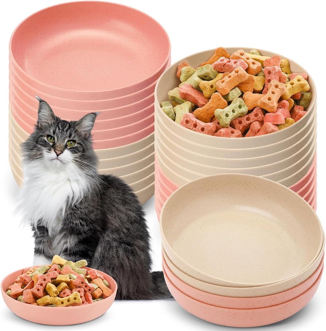 Tioncy 24 Pieces Beard Fatigue Relief Cat Bowl Shallow Cat Food Dish Wide and Small Plate Wide Stray Wet Feeding Bowl for Ferrets Feral Short Legged Kitten, 5.5 Inch Wheat Straw(Pink, Beige,Classic)