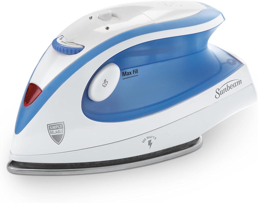 Sunbeam Hot-2-Trot Travel Steam Iron, 800 Watt Dual Voltage 120/240, Compact Size, Portable, Non-Stick Soleplate, Soft Touch Handle, Horizontal or Vertical Use, White and Blue (Small)
