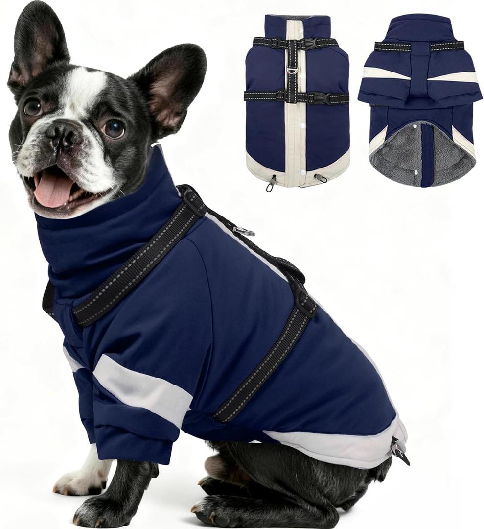 MIGOHI Warm Dog Coat Waterproof Small Dog Jacket with Harness,Reflective Fleece Snowsuit for Dogs,Windproof Puppy Coats with Legs for Cold Weather,Adjustable Pet Clothes for Puppies (Xs,NavyBlue )