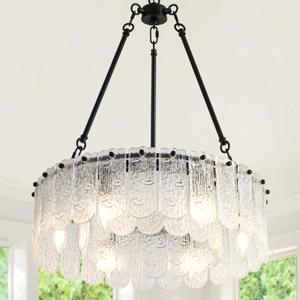 6-Light Drum Crystal Chandeliers, 20" Modern Black Crystal Chandeliers for Dining Room, Double-Layer Luxury Water Ripple Glass Chandelier, Round Pendant Light for Living Room Bedroom Entryway