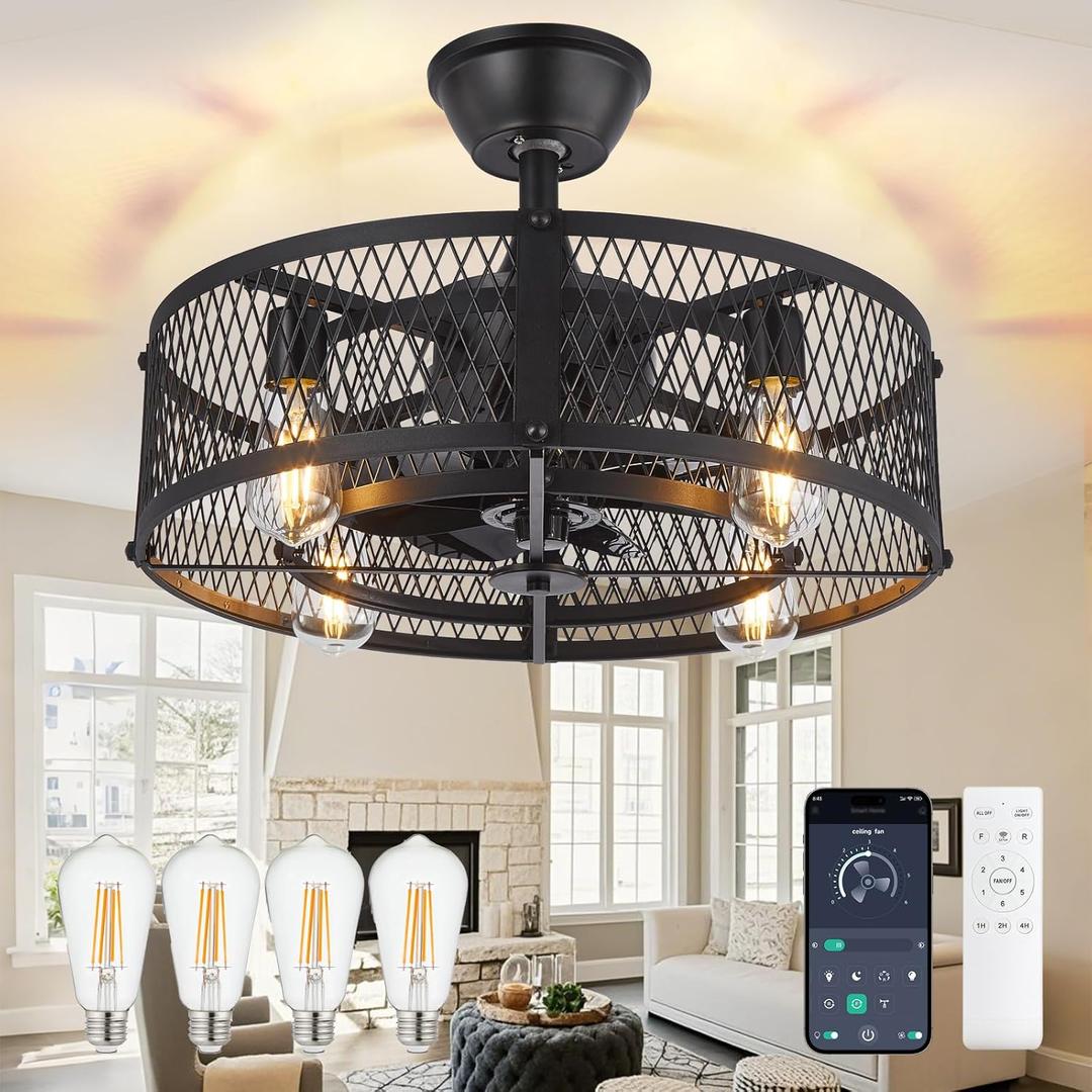 DLLT Caged Ceiling Fan with Light: 20" Farmhouse Fandelier with Lights and Remote & APP - Black Rustic Semi Flush Mount Bladeless Ceiling Fans Enclosed Fan for Bedroon Kitchen Living Dining Room