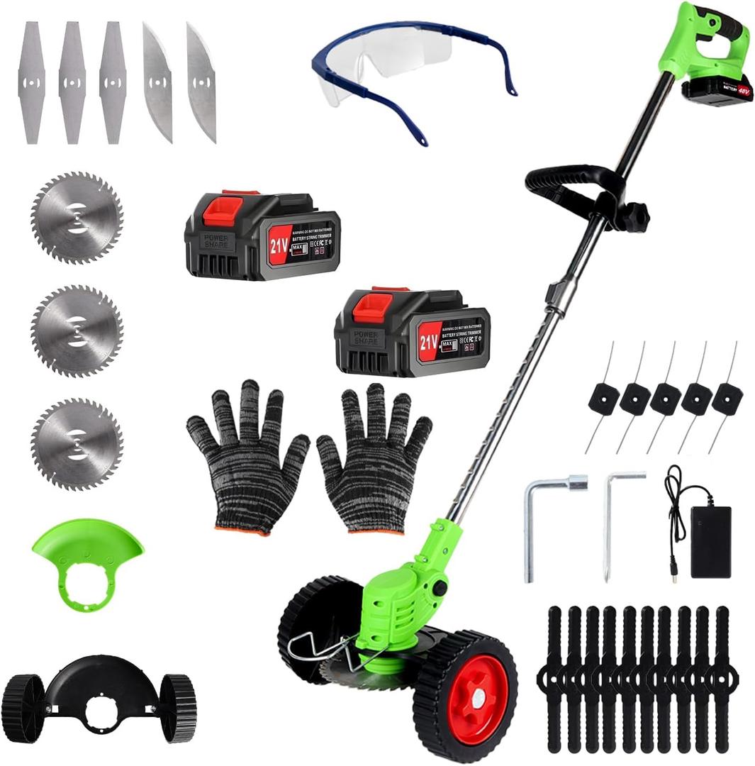 Electric Weed Wacker Cordless Eater 2 Battery, Foldable and Lightweight Grass Trimmer/Brush Cutter,5 Types Blade & Wheels 21V 4.0Ah Battery (2 Pieces) Powered for Garden and Yard (Non-Foldable)