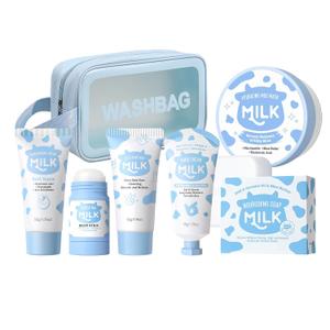 Milk Skincare Set 7-in-1 for Kids & Teens Girls, Gentle Milk Extract Bathing Cleaning Kit with Hand Cream, Hand Wax, Nourishing Soap, Mud Mask, Hydrating Balm Stick, Hair Removal, Makeup Bag(Set C)