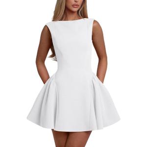 YMDUCH Women's Summer Sleeveless Crew Neck Backless A-line Mini Party Prom Dress (White)